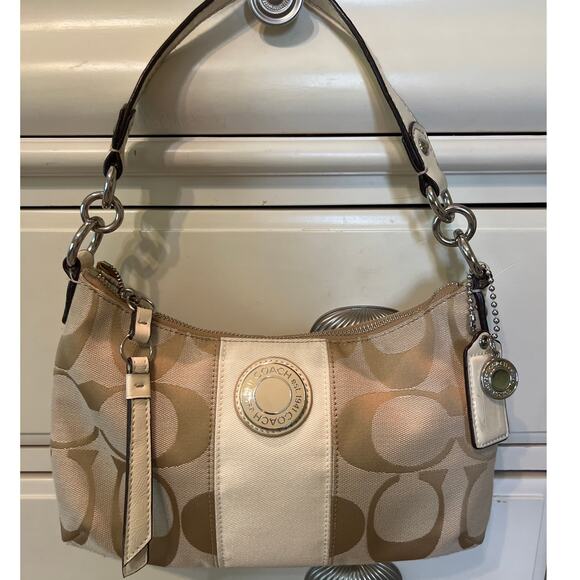 Coach Vintage Y2K Tan White Signature Jacquard Canvas Leather Stripe Demi Purse - Picture 2 of 10